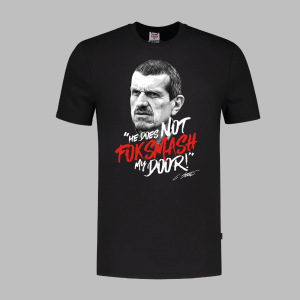 Haas F1 Merch He Does Not Foksmash My Door Black T-Shirt